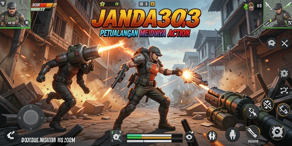 Screenshot menunjukkan karakter utama dalam aksi menegangkan di JANDA303.