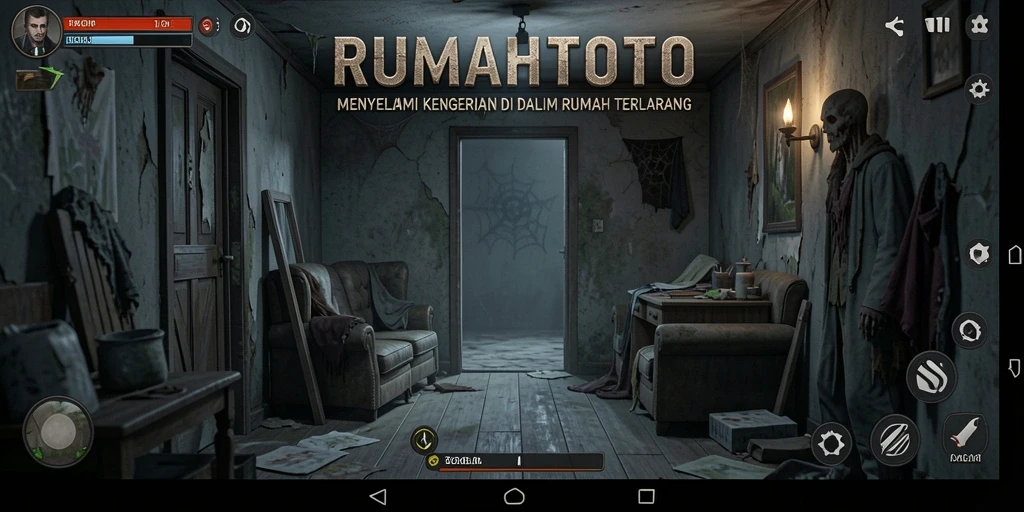 Tampilan gameplay RUMAHTOTO yang menakutkan dalam suasana rumah angker.